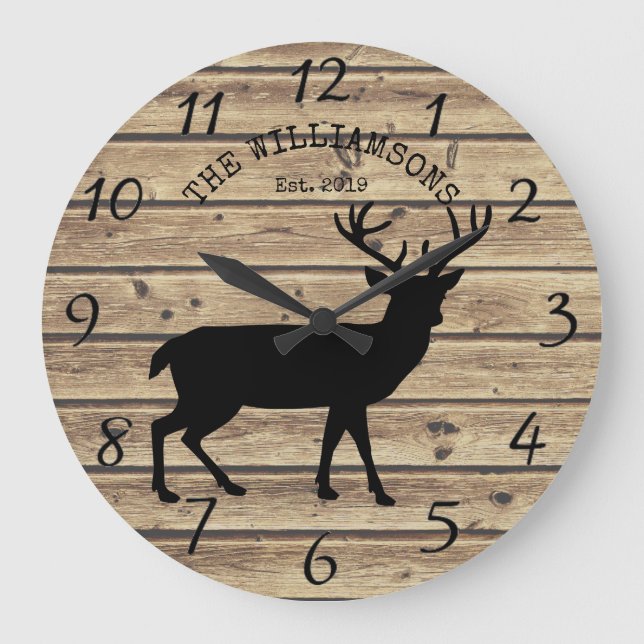 Rustic Family Name Wood Cabin Deer Buck Large Clock (Front)