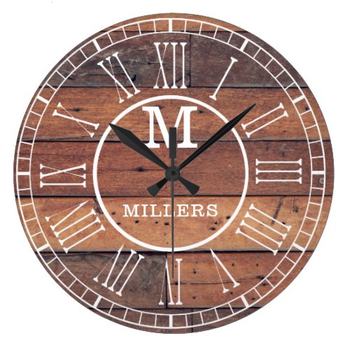 Rustic Family Name Wood Plank Monogram Large Clock