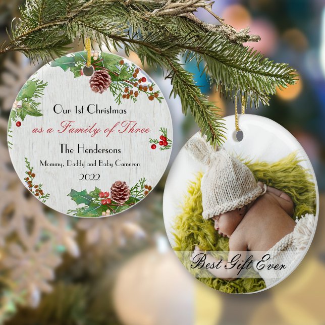 Rustic Family of 3 Newborn 1st Xmas Custom Photo Ornament (Creator Uploaded)