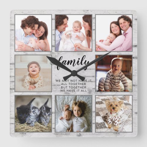 Rustic Family Personalized Photo Collage Square Wall Clock
