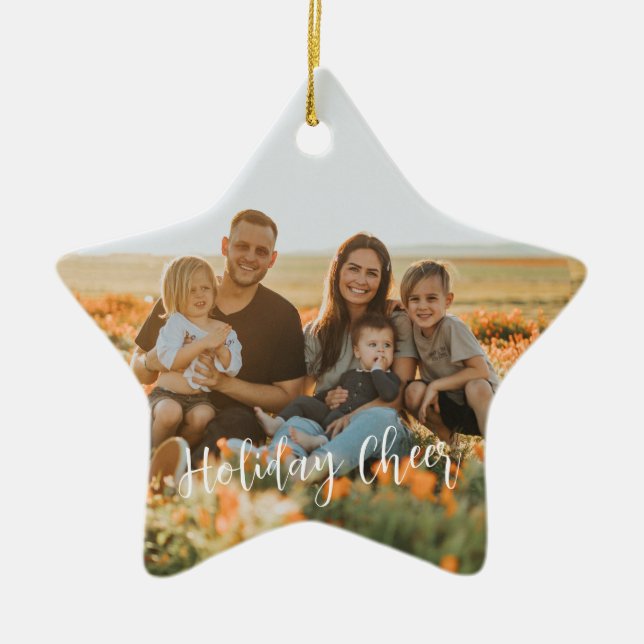 Rustic Family Photo 2-sided Joy Peace Love Xmas  Ceramic Ornament (Front)