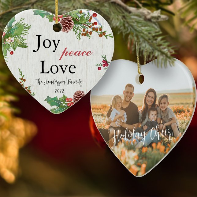 Rustic Family Photo 2-sided Joy Peace Love Xmas  Ceramic Ornament (Creator Uploaded)