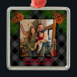 Rustic family photo Christmas gray plaid pinecone Metal Ornament<br><div class="desc">Rustic country up-north feeling ! Gray and Black plaid - pine cones - holiday cheer,  elegant script calligraphy text! Customizable - change text style add your own photo,  make it your own!</div>