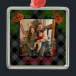 Rustic family photo Christmas gray plaid pinecone Metal Ornament<br><div class="desc">Rustic country up-north feeling ! Gray and Black plaid - pine cones - holiday cheer,  elegant script calligraphy text! Customizable - change text style add your own photo,  make it your own!</div>