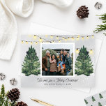 Rustic Family Photo Christmas Tree Farm Holiday Card<br><div class="desc">This festive "We wish you a Merry Christmas!" landscape holiday photo card design features a rustic chic winter scene from a Christmas tree farm that frames a favorite square shaped family portrait. Includes a snowy gray background with hanging string twinkle lights and fresh-cut green watercolor pine trees. Personalize with your...</div>