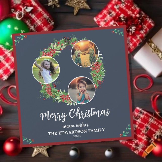Rustic family photo collage Merry Holiday card (Rustic family photo collage Merry Holiday card. Very unique and personal Christmas card.)