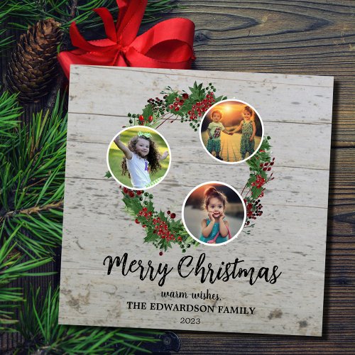 Rustic family photo collage Merry Holiday card