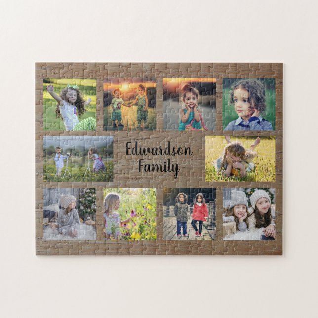 Rustic family photo collage monogram name jigsaw puzzle (Horizontal)