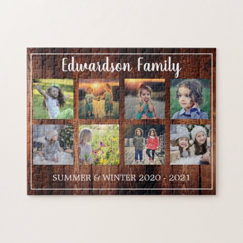 Rustic family photo collage monogrammed 8 photos jigsaw puzzle