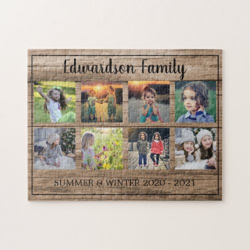 Rustic family photo collage monogrammed 8 photos   jigsaw puzzle