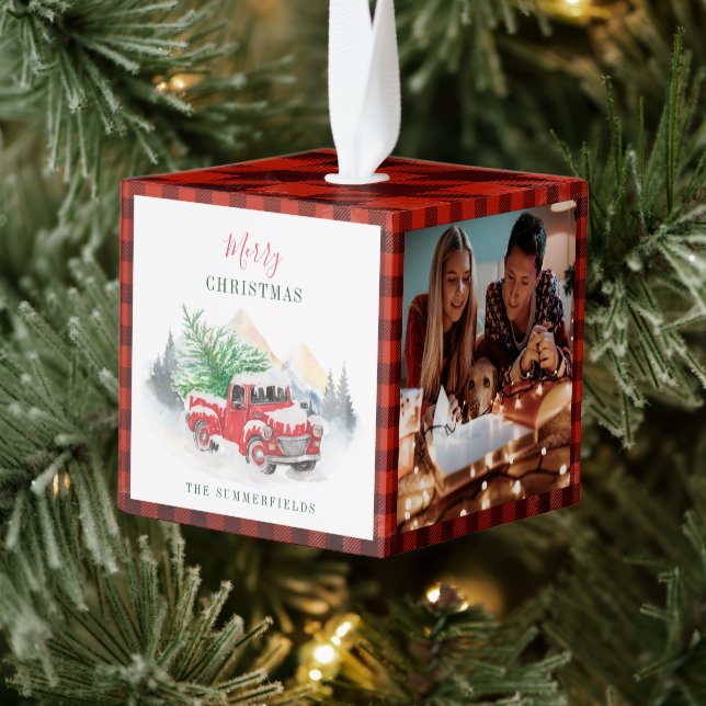 Rustic Family Photo Collage Plaid Cube Ornament (Tree)