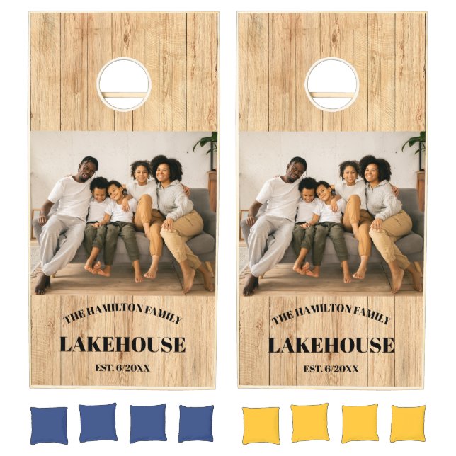 Rustic Family Photo Lakehouse Cornhole Set (Set)