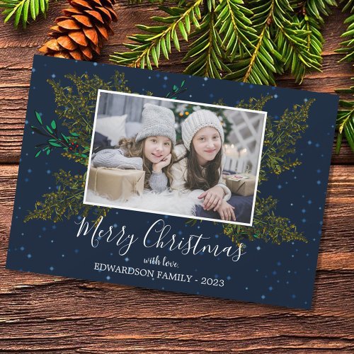 Rustic family photo Merry Christmas magnetic card