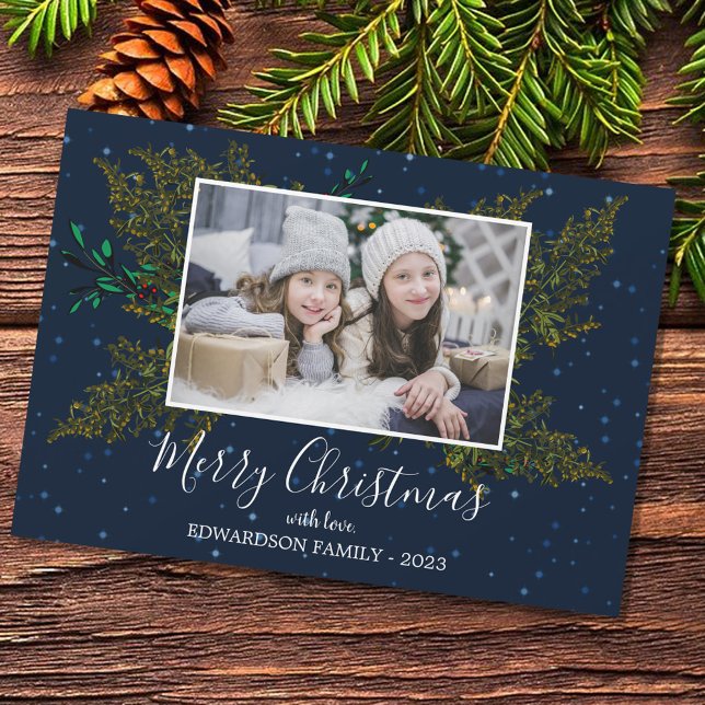 Rustic family photo Merry Christmas magnetic card (Beautiful winter greenery, botanical Merry Christmas photo magnetic card, )