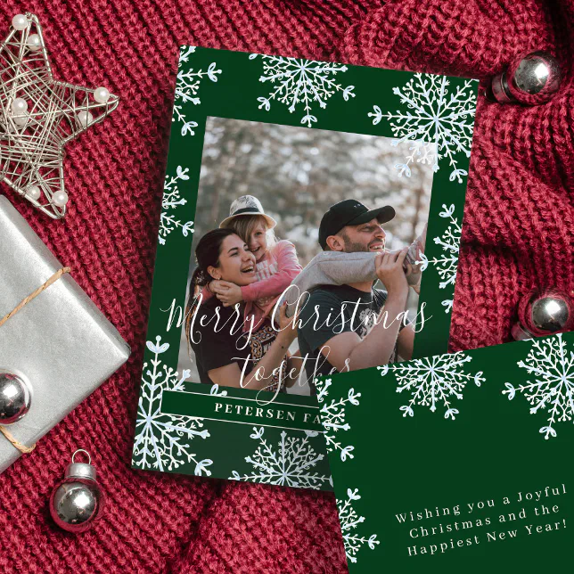 Rustic family photo Merry Christmas together green Holiday Card Zazzle