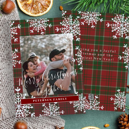 Rustic family photo Merry Christmas together plaid Holiday Card