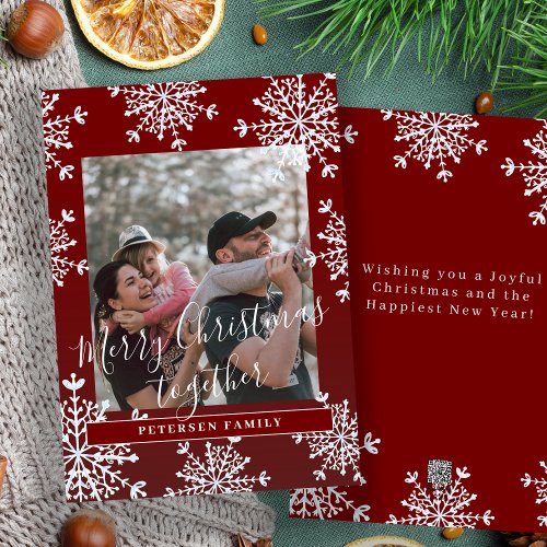 Rustic family photo Merry Christmas together red Holiday Card