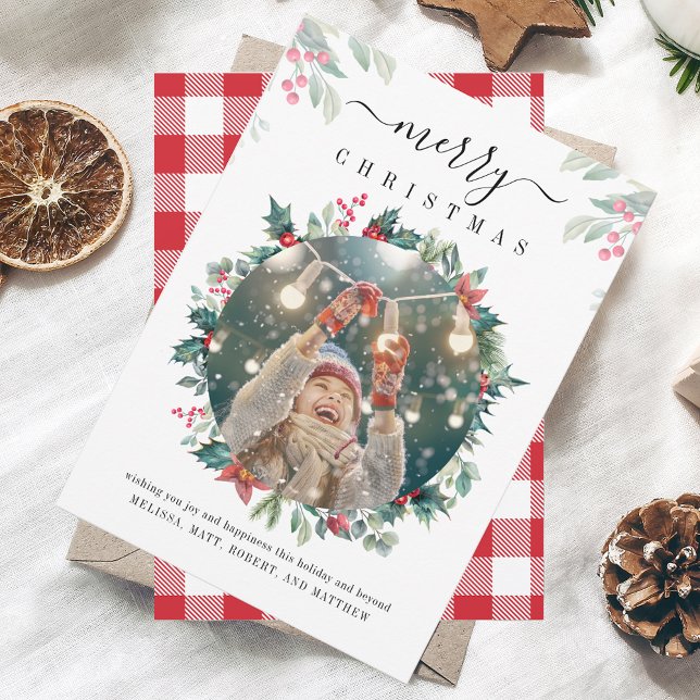 Rustic Family Photo Red Berries Christmas Note Card (Red Gingham Christmas Red Berries Photo Greeting Card)