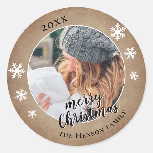 Rustic Family Photo Snowflake Merry Christmas   Classic Round Sticker (Front)