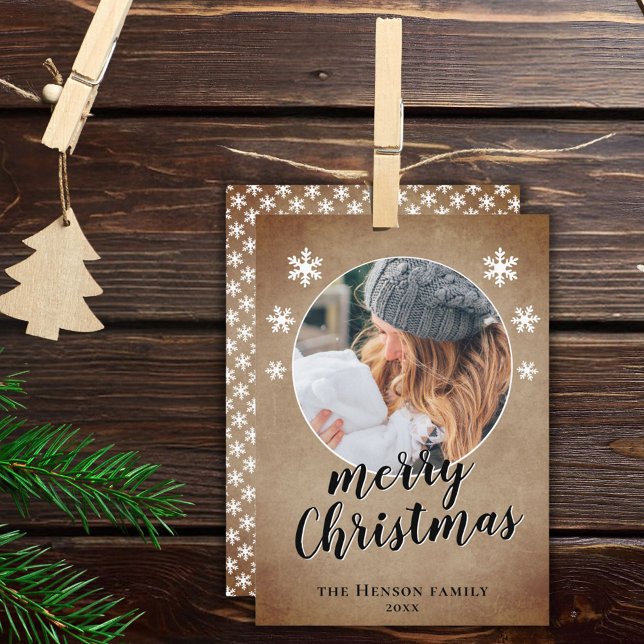 Rustic Family Photo Snowflake Merry Christmas Holiday Card (Creator Uploaded)