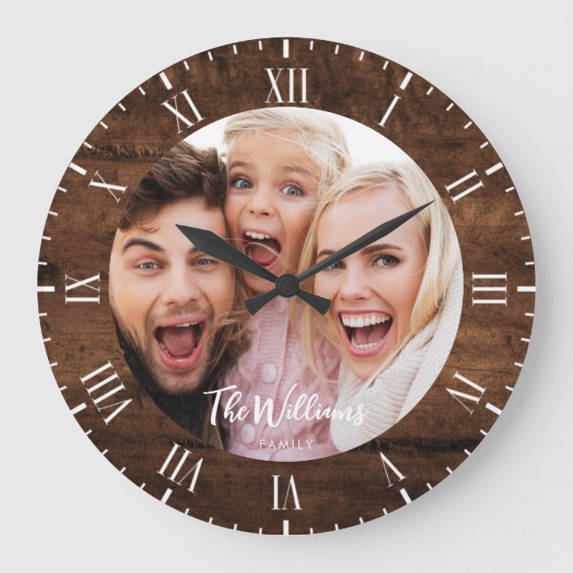 Rustic Family Photo with Modern Script Large Clock (Front)