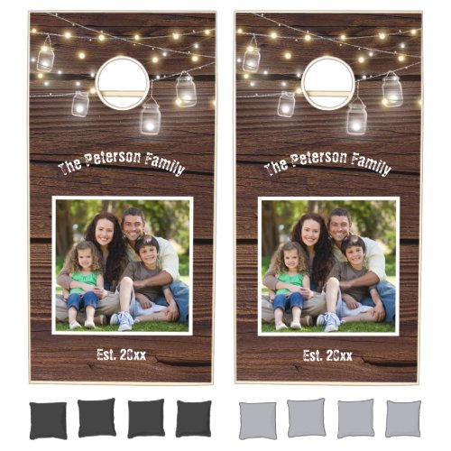 Rustic Family Photo Wood Mason String Lights Cornhole Set