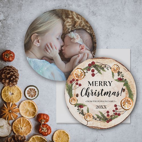 Rustic Family Photo Wood Merry Christmas foliage Invitation