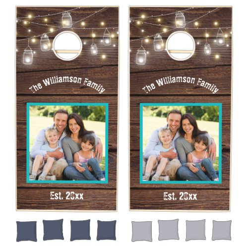 Rustic Family Photo Wood Teal String Lights Cornhole Set