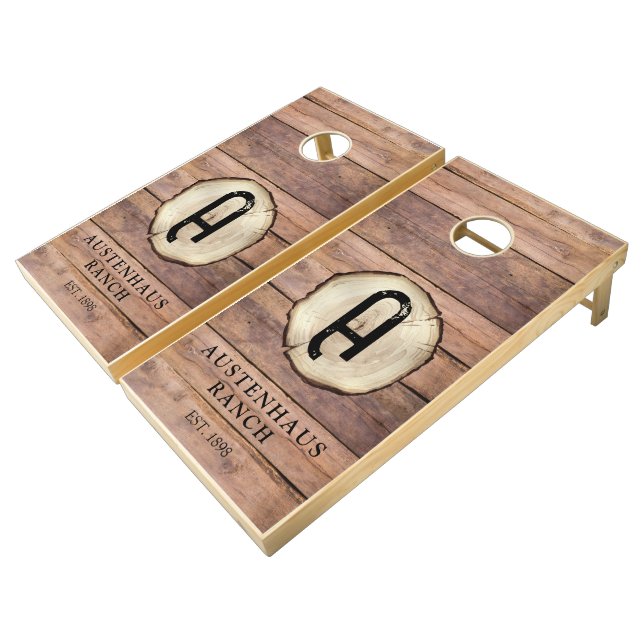 Rustic Family Ranch Monogram Name Cornhole Set (Angled)