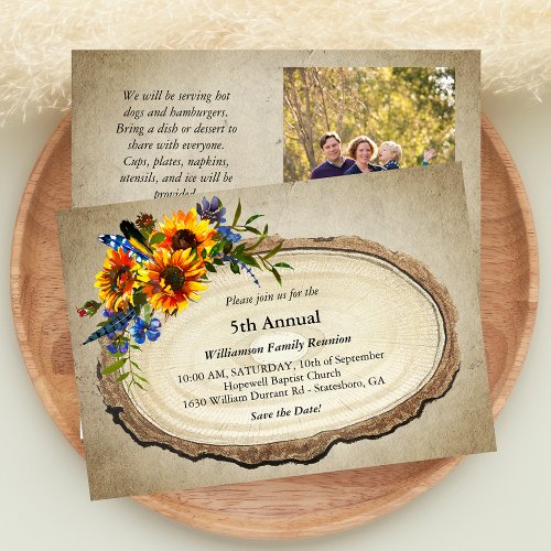 Rustic Family Reunion Photo Sunflower Tree Slice Invitation