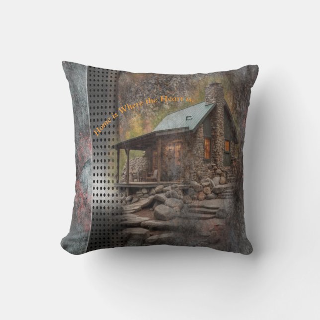 Rustic Family Stone Cabin Throw Pillow (Front)