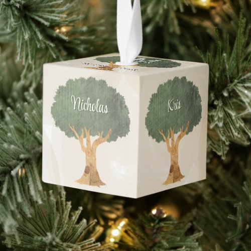 Rustic Family Tree 3 Names Christmas Keepsake Cube Ornament