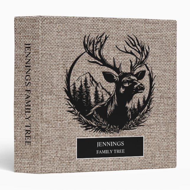 Rustic Family Tree Genealogy Deer Antlers Burlap 3 Ring Binder (Front/Spine)