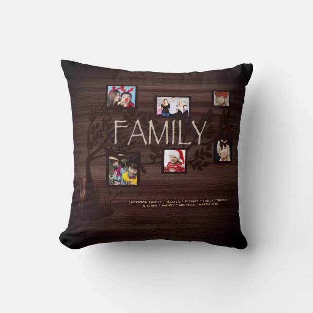 Rustic FAMILY TREE PHOTO COLLAGE Buffalo Plaid 2 Throw Pillow (Front)