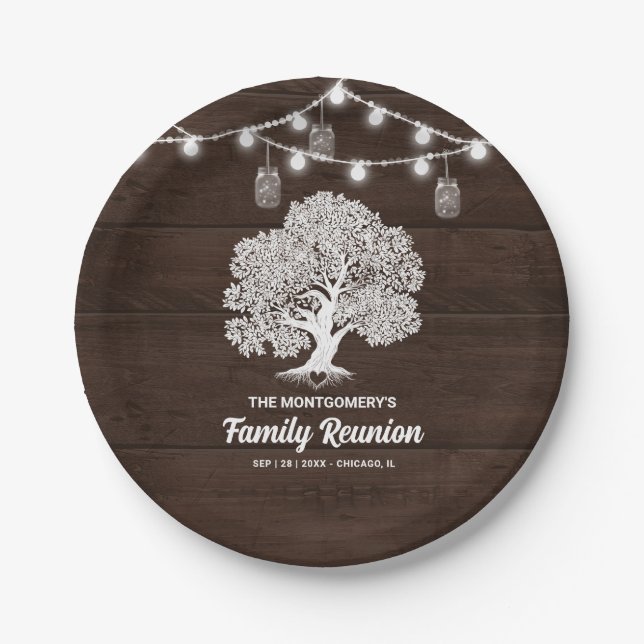 Rustic Family Tree String Lights Barbecue Reunion  Paper Plates (Front)