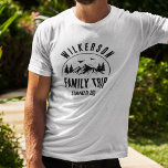 Rustic Family Trip Cabin Woods Retro Vintage T-Shirt<br><div class="desc">Rustic modern family trip t-shirt with a trendy forest mountain range design with pine trees,  woods,  and birds surrounded by your custom family name,  a personalizable name of the trip,  as well as the date of the vacation.</div>