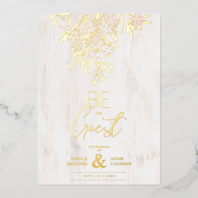 Rustic Fancy Botanical Branches on Wood Background Foil Invitation (Front)