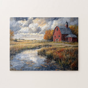 Rustic Farm and Stream Landscape Jigsaw Puzzle