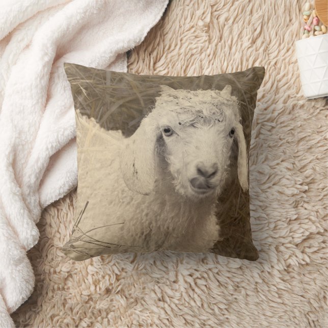 Rustic Farm Animal Angora Goat Kid Throw Pillow (Blanket)