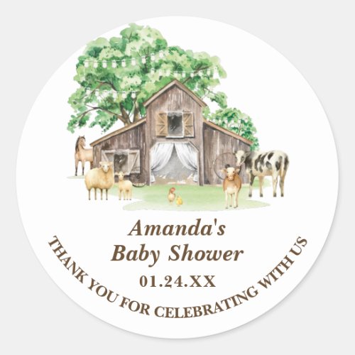 Rustic Farm Animal Baby Shower Classic Round Sticker