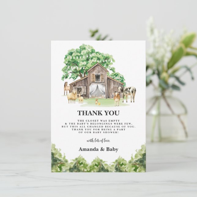 Rustic Farm Animal Baby Shower Thank You Card (Standing Front)