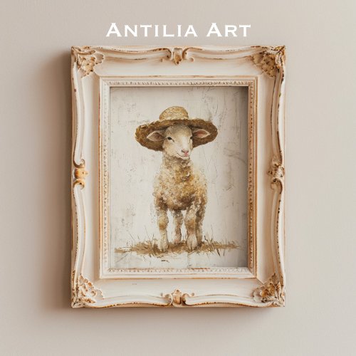 Rustic Farm Animal Painting Vintage Lamb with Hat Poster