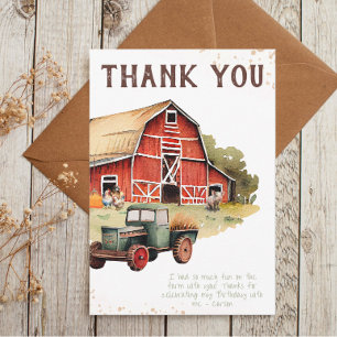Rustic Farm Animal Tractor Boys Birthday Thank You Card