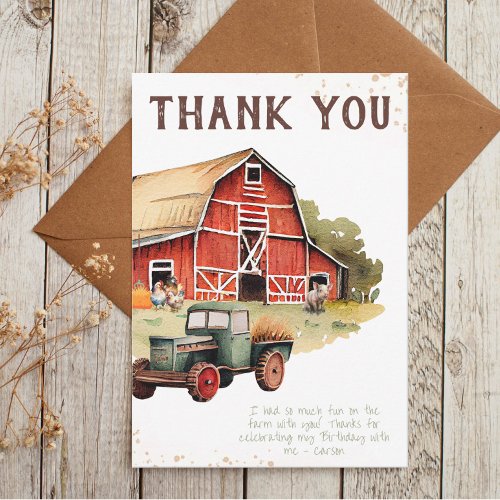 Rustic Farm Animal Tractor Boys Birthday Thank You Card