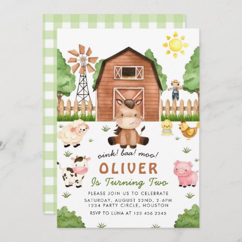 Rustic Farm Animals 2nd Birthday Party  Invitation