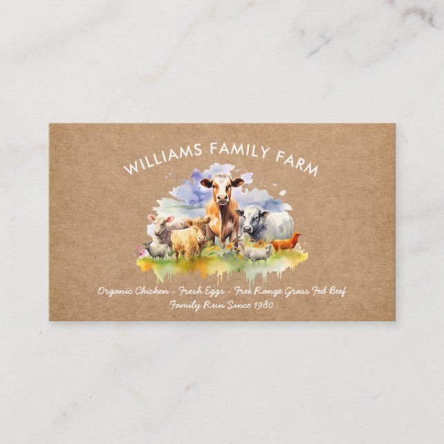 Rustic Farm Animals Cow Pig Chicken Watercolor Business Card (Front)