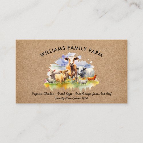 Rustic Farm Animals Cow Pig Chicken Watercolor Business Card