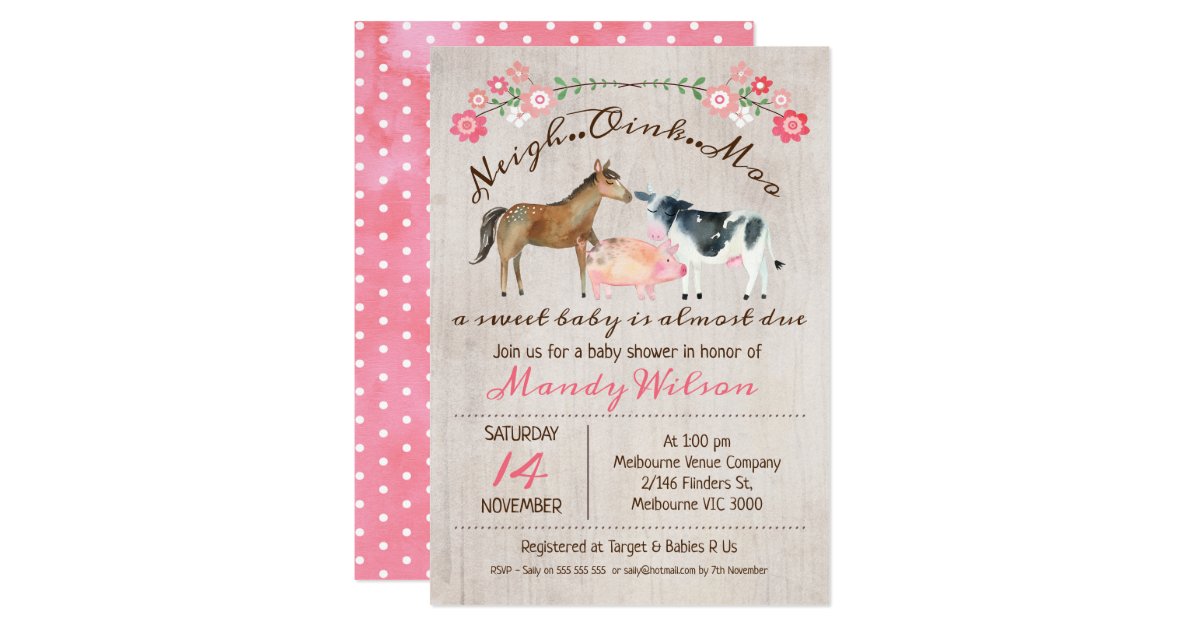 Rustic Farm Animals Girls Baby Shower Invitation Zazzle Com