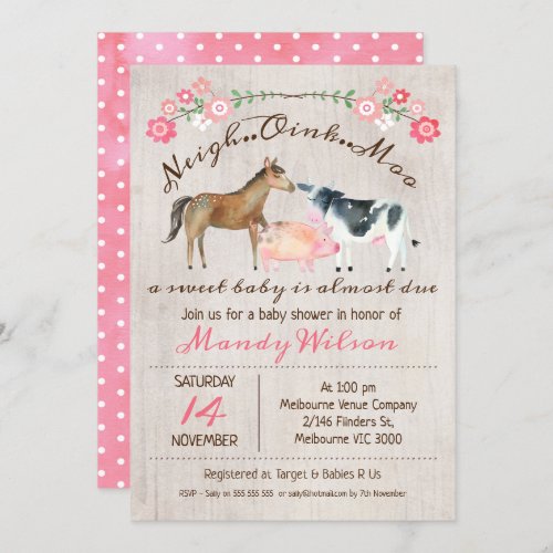 Rustic Farm Animals Girls Baby Shower Invitation