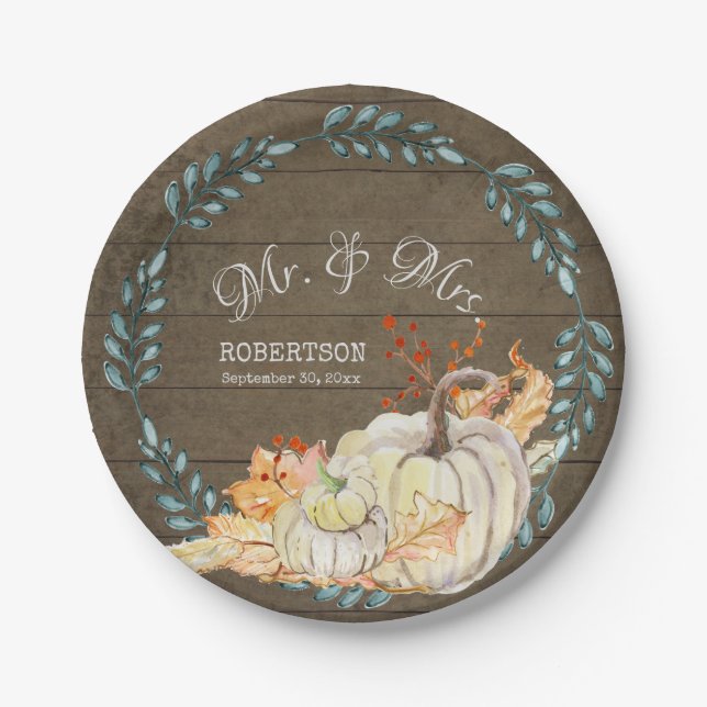 Rustic Farm Autumn Leaf Watercolor Pumpkin Wedding Paper Plates (Front)